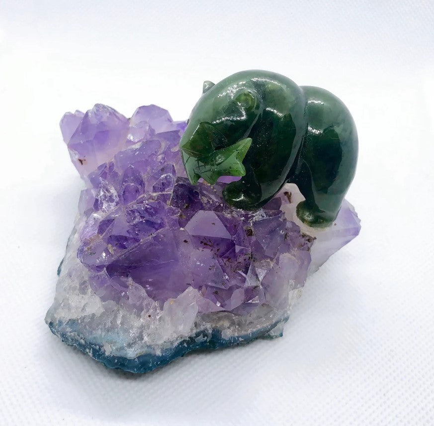 Canadian Nephrite Jade Grizzly Bear with Fish on Amethyst