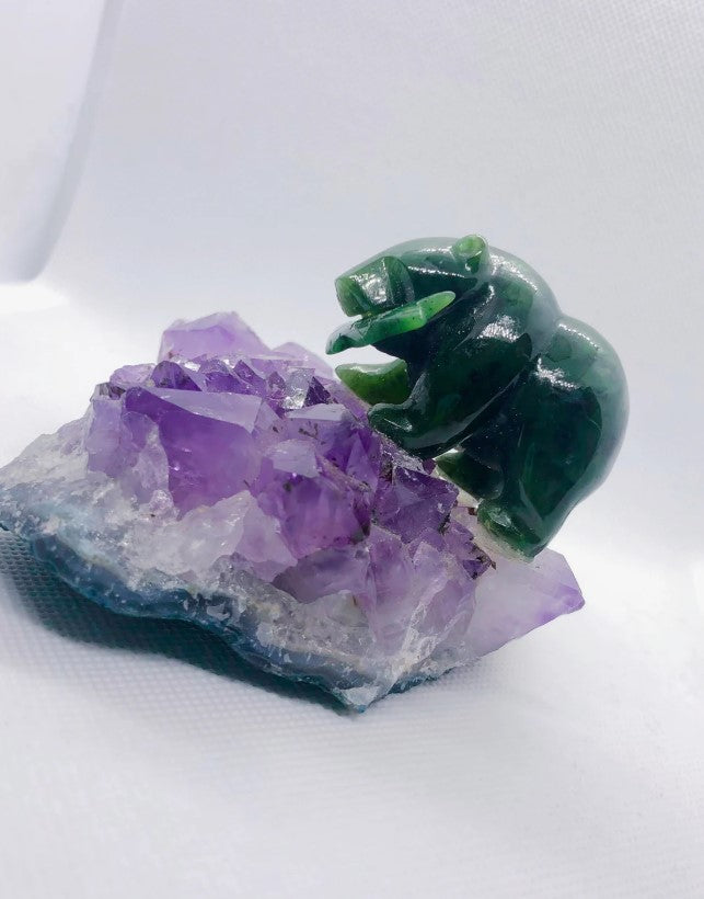 Canadian Nephrite Jade Grizzly Bear with Fish on Amethyst