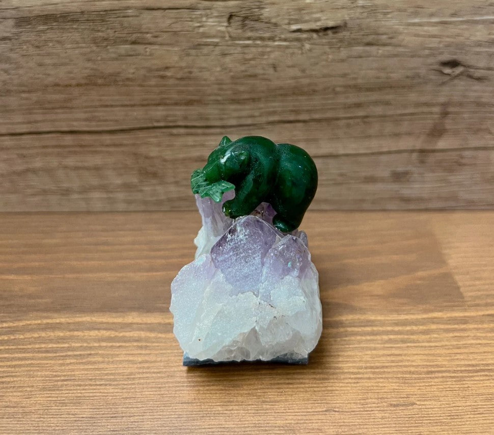 Canadian Nephrite Jade Grizzly Bear with Fish on Amethyst